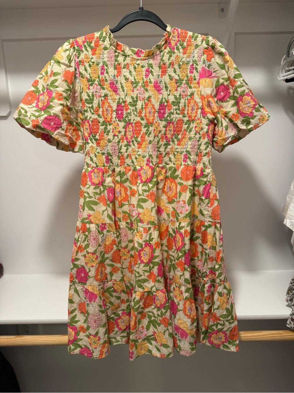 THML Cream Floral Smocked Dress with Pink & Orange Blooms